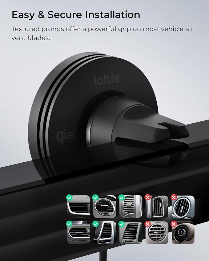 iOttie Velox Qi2 Mini Wireless Charging Car Mount - MagSafe Compatible Air Vent Phone Mount with 15W Charging for Qi2-enabled Smartphones Including iPhone 12,13,14,15,16 and 17. Car Charger Included.