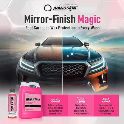Nanoskin WASH N' WAX with Carnauba 16 Oz. - Cleans & Shines in One Step | Works with Foam Cannon, Foam Gun, Bucket Washes, Pressure Washer | Carnauba Wax Protection for Cars