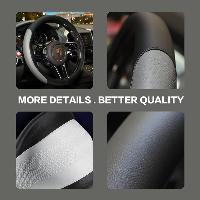 Steering Wheel Cover, Microfiber Leather Splicing with Classic Embossing,Contrasting Colors Anti-Slip Breathable Auto Car Steering Wheel Cover Fit 15 Inch Car Wheel Protector (Black&Gray)
