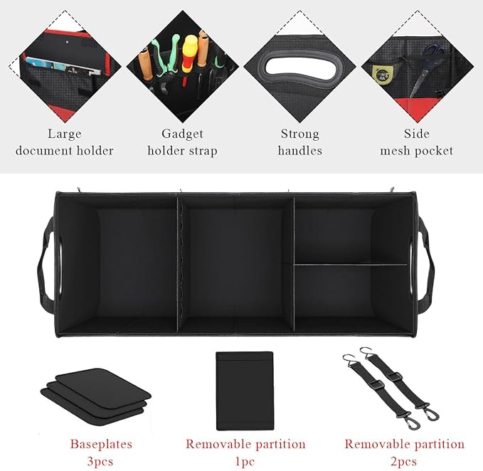 povtii Large Organizer for Car, 95L Stretchable Storage Trunk Organizer with Divided Compartments, Fixed Big Trunk Organizer with Handles & Adjustable Straps, Car Accessories (Black & Red)