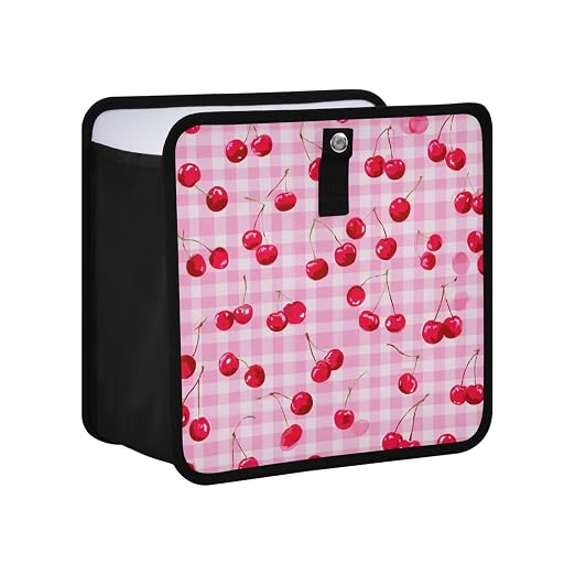 Car Trash Can Organizer Bin with Adjustable Strap for Back Front Seat Console Waterproof Leakproof Collapsible Portable 11 Inch Pink Juicy Checkered Cherry