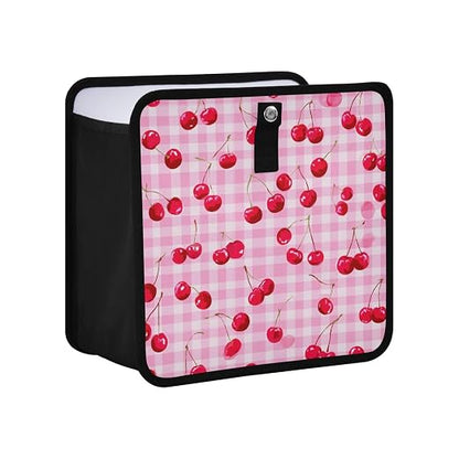 Car Trash Can Organizer Bin with Adjustable Strap for Back Front Seat Console Waterproof Leakproof Collapsible Portable 11 Inch Pink Juicy Checkered Cherry