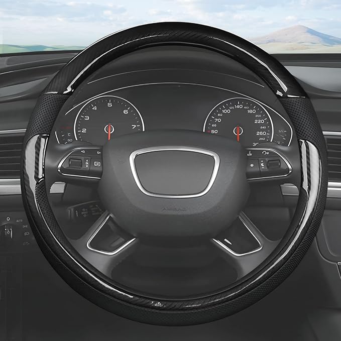 Universal Steering Wheel Cover - Microfiber Leather, 15 Inch, Anti-Slip, Breathable, Odorless Car Steering Wheel Protector, SUV Accessory (Bright Black)