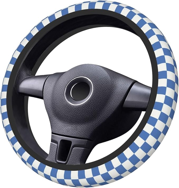 Blue Checkered Steering Wheel Cover for Women, Universal Auto Steering Wheel 14-15 Inch Car Interior Accessories with 2PCS Car Coasters, Suitable for Men and Women
