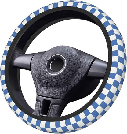 Blue Checkered Steering Wheel Cover for Women, Universal Auto Steering Wheel 14-15 Inch Car Interior Accessories with 2PCS Car Coasters, Suitable for Men and Women