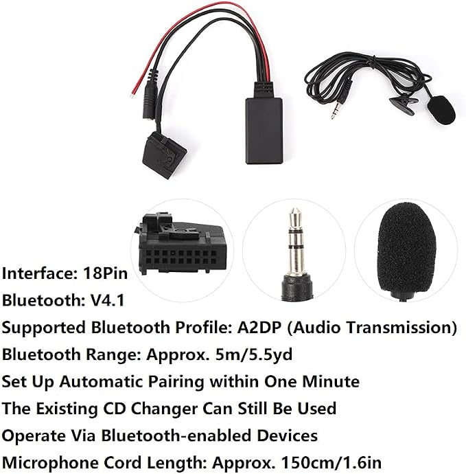 Yctze 18Pin Bluetooth AUX Cable Adapter Car Microphone Fit for Comand 2.0 W211 W208 W168 W203 Bluetooth AUX Cable Adapter