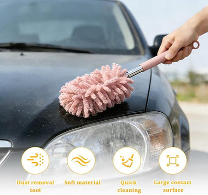 Zpana 2PCS Car Interior Duster with Extension Pole, Soft Chenille Retractable Washable Dash Detailing Cleaner, Auto Window Cleaning Brush Duster for Interior Exterior, Universal Fit (Pink)