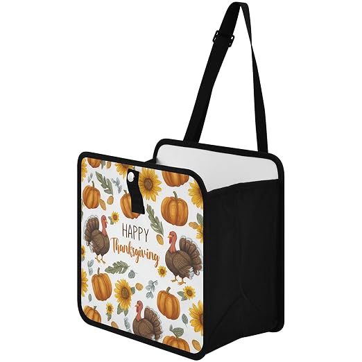 Car Trash Can Organizer Bin with Adjustable Strap for Back Front Seat Console Waterproof Leakproof Collapsible Portable 11 Inch Thanksgiving Turkeys Sunflowers White