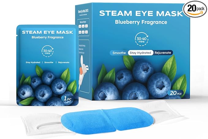 20 Packs Steam Eye Masks for Dry Eyes, Warm Compress Relief for Eye Fatigue & Puffiness, Sleep Heated Eye Mask, Disposable Travel Essentials, Spa Relaxation Gift Women, Party Favors Adults, Blueberry