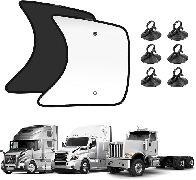 KUST 2PCS 23.6''×21.6'' Side Window Shades for Semi Truck - Freightliner Cascadia, International Trucks, Volvo VNL/VNR - Silver & Black Window Shades- Semi Truck Accessories for All Season
