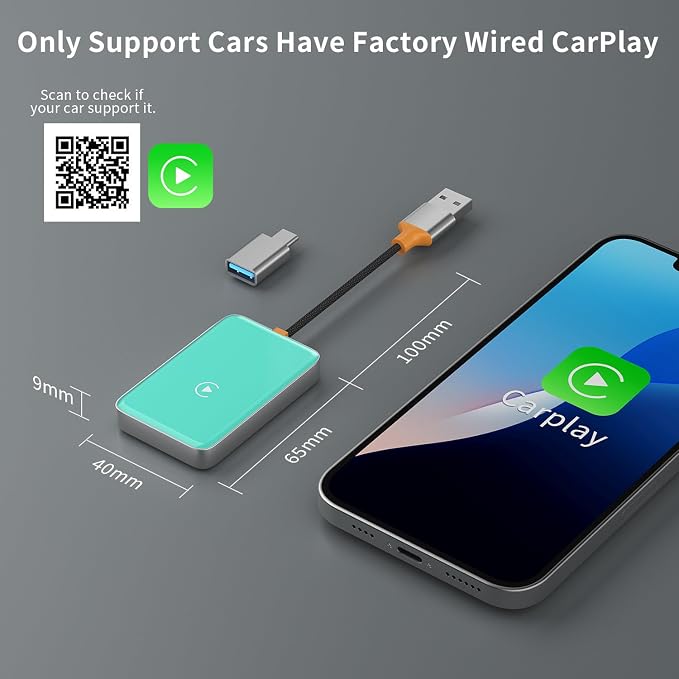 Wireless CarPlay Adapter,Covert Factory Wired to Wireless Car Play Adapter for iPhone 6+ (iOS only) Easy Setup Plug&Play,Multiple Controls,Support USB&USB-C