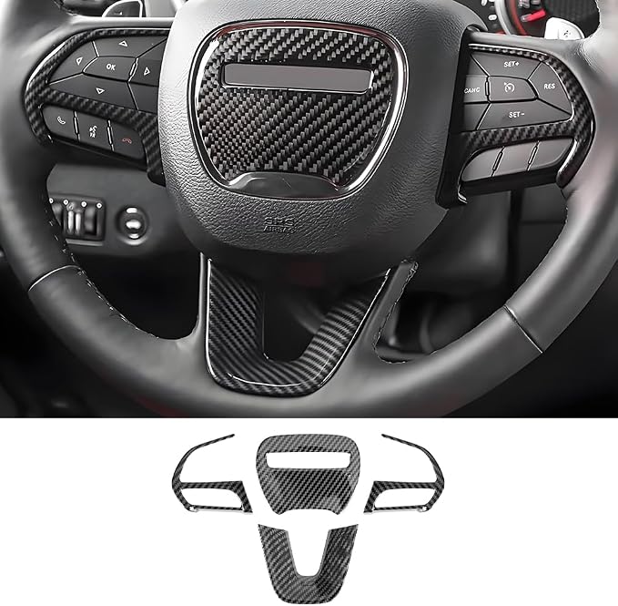 Carbon Fiber Style Car Steering Wheel Trim Cover Panel for Dodge Challenger Charger 2015-2023 and Dodge Durango 2014-2020 Auto Interior Decorations Accessories Center Console Protection Covers
