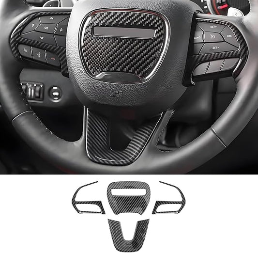 Carbon Fiber Style Car Steering Wheel Trim Cover Panel for Dodge Challenger Charger 2015-2023 and Dodge Durango 2014-2020 Auto Interior Decorations Accessories Center Console Protection Covers