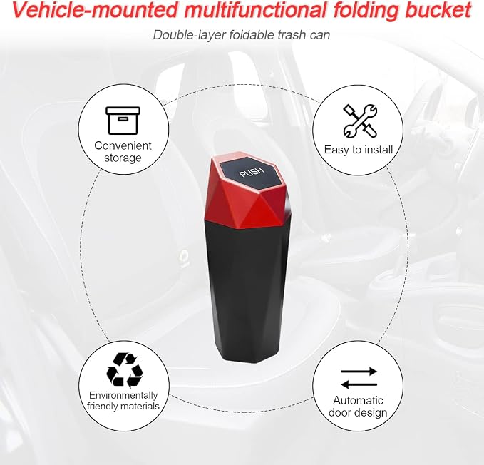 2PCS Car Trash Can with Lid, Mini Portable Auto Garbage Can, Small Leakproof Diamond Design Trash Dustbin, Waterproof Vehicle Rubbish Bins for Automotive Car, Home, Office, Kitchen, Bedroom (Red,2)
