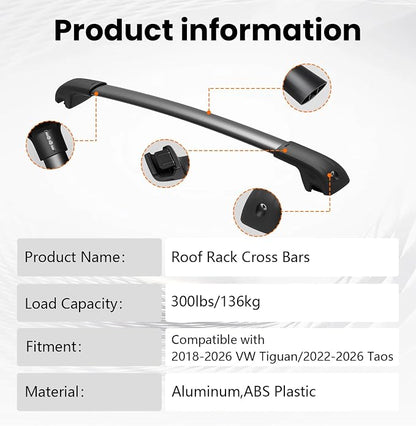 300lbs Lockable Roof Rack Cross Bar Fit for Volkswagen VW Tiguan 2018-2026 (Not for Limited) & Taos 2022-2026, Aluminum Roof Rails Crossbars for Cargo Bars Luggage Bike Kayak Rack