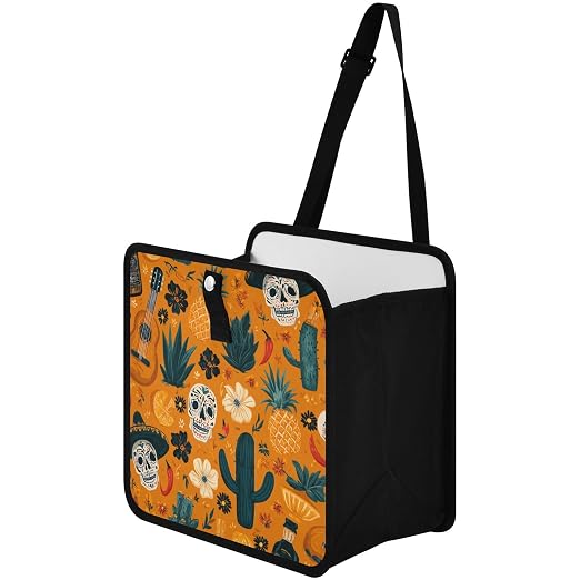 Car Trash Can Organizer Bin with Adjustable Strap for Back Front Seat Console Waterproof Leakproof Collapsible Portable 11 Inch Orange Day Of The Dead Skull Cacti