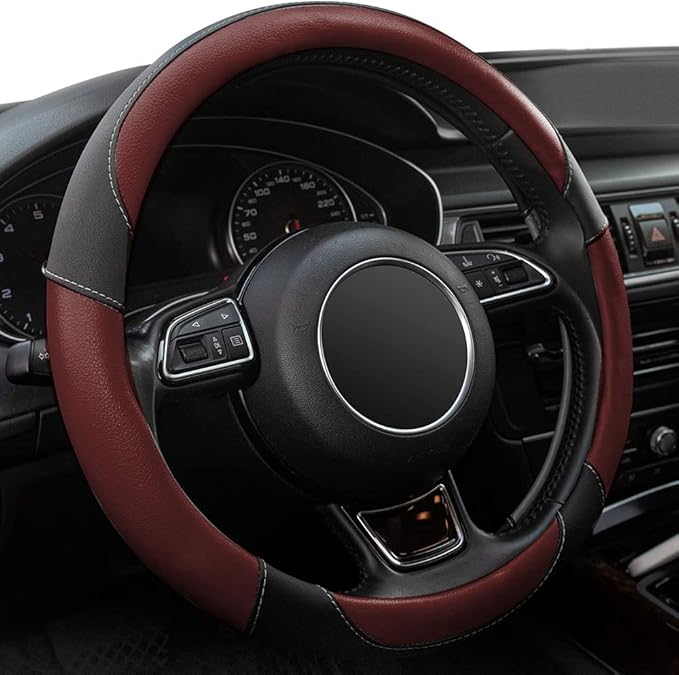 Steering Wheel Covers Black Universal Microfiber Leather, Suitable for 14 1/2-15 inch Car Steering Wheel Cover, Breathable, Anti Slip- Wine Red