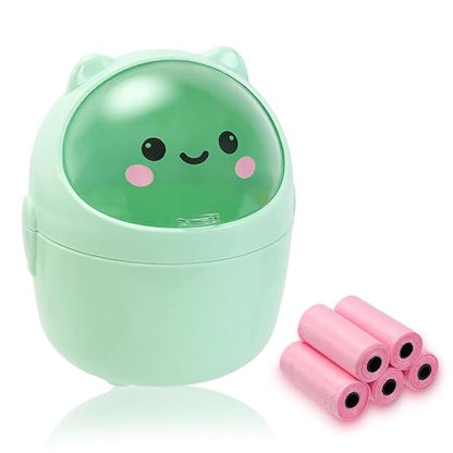 Mini Trash Can, Cute Small Trash Can with Lid, Desktop Paper Bin with 5 Rolls of Bin Liners, Portable Tabletop Dustbin, Cartoon Animal Rubbish Storage for Office Bedroom Desk Kitchen(Green)