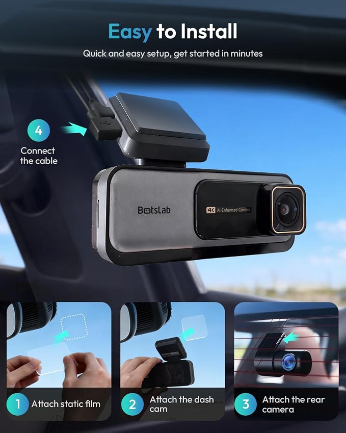 BOTSLAB 4K Dash Cam Front and Rear[2026 Upgraded], 64GB SD Card Included, STARVIS Sensor, 170° Ultra Wide 4K+2K Dashcam with ADAS, Night Vision, 24/7 Parking Mode, WDR, 5.8GHz WiFi, GPS,Loop Recording