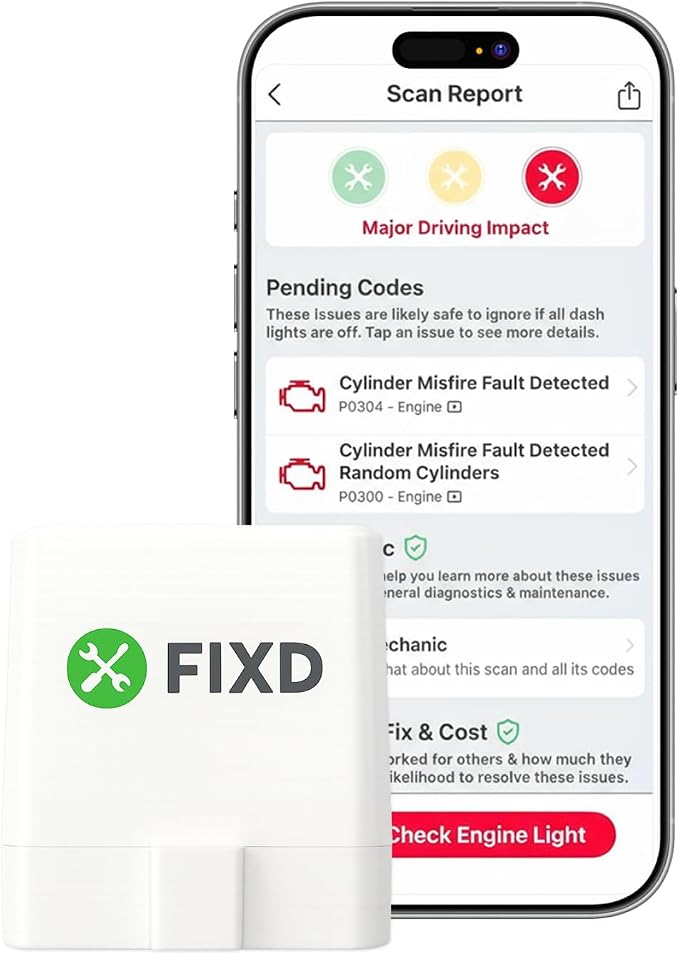 FIXD Bluetooth OBD2 Scanner for iPhone & Android - Diagnostic Scan Tool for Repairs and Car Buying - Check Engine Code Reader & Enhanced Codes - (1 Pack w/Free 14-Day FIXD Premium Bundle)