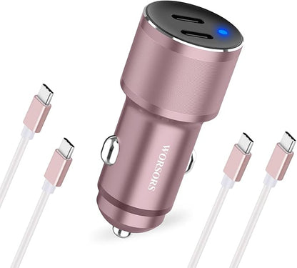 Pink Dual 45W USB C Car Charger, 90W Max Super Fast Charging, All Metal 12V Cigarette Lighter Adapter for iPhone 17 Pro Max/16/15/iPad, Samsung Galaxy S26+/S25, Google Phones with 2 Type C Cable 3.3ft