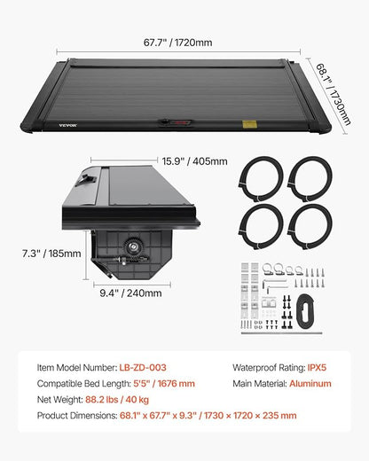 VEVOR Retractable Tonneau Cover, 5.5 ft Hard Retractable Tonneau Cover with Built-in Drainage Pipe for 2021-2024 Ford F-150 Crew Cab, Customized Design with Double-Lock & T-Slot