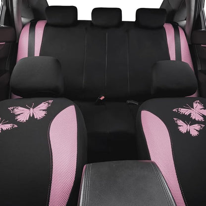 Flying Banner Butterfly car seat Covers ful Set Fashion Universal Lady Woman Female Rear Bench Split Colorized (Pink Black, Full Set)