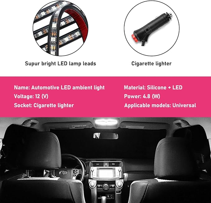 Car LED Strip Light, 24 LEDs RGB Neon Interior Atmosphere Lights, 12V Under Dash Ambient Night Light, Cigarette Lighter Auto Interior Decorative Lamp, Car Accessories (White)