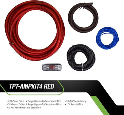 Timpano Amplifier Wiring Kit - 4 Gauge Amp Kit 2000 Watts Car Amplifier Installation CCA Cables Kit – 150 Amp Fuse Single Amp TPT-AMPKIT4 RED