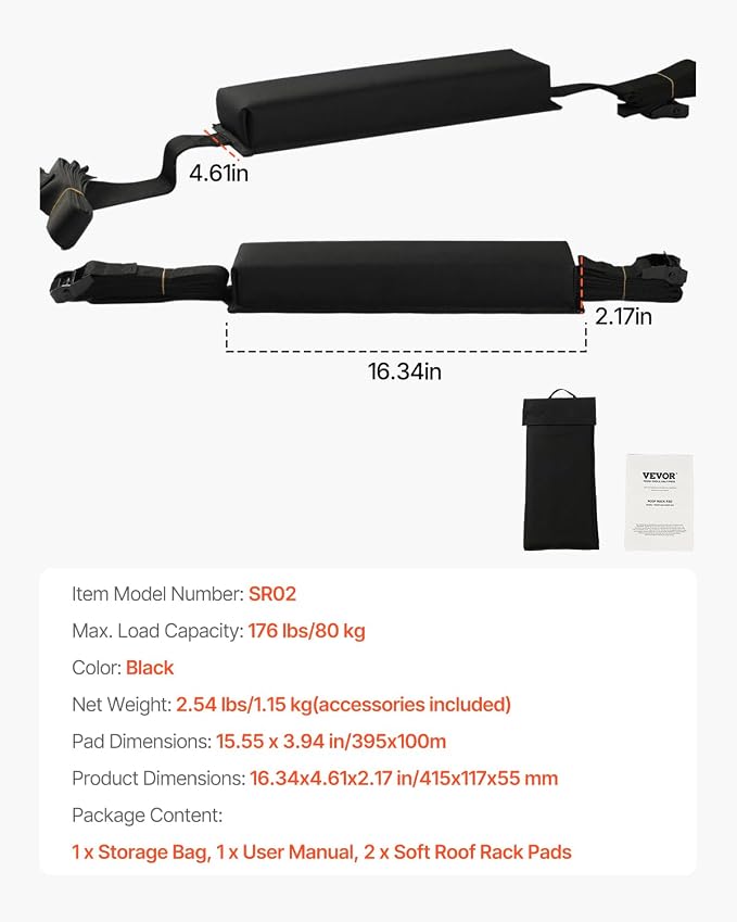 VEVOR Soft Roof Rack Pads, 15.5-Inch Universal Car Roof Rack Pads, 176LBS Loading Capacity Luggage Kayak Carrier with Portable Storage Bag for SUP Canoe Snowboard Paddle Board Surfboard