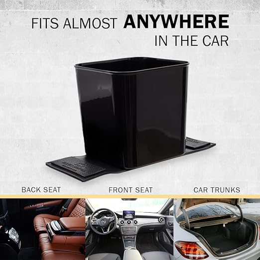 Car Trash Can for Vehicles Leakproof Compact Garbage Bin w/Stability Flap, Anti-Slip Base, Portable Trash Holder for Cars, Trucks, SUVs, Minivans (Black, Large)