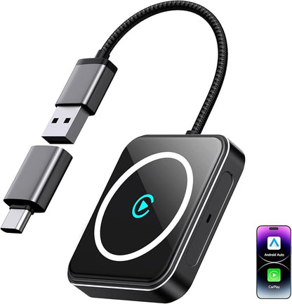 Wireless CarPlay Adapter for iPhone & Android, 2-in-1 Apple CarPlay Wireless Adapter, Plug & Play, Low Latency, USB-A/C, Converts Wired to Wireless CarPlay (iOS 10+, Android 11+)