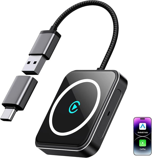 Wireless CarPlay Adapter for iPhone & Android, 2-in-1 Apple CarPlay Wireless Adapter, Plug & Play, Low Latency, USB-A/C, Converts Wired to Wireless CarPlay (iOS 10+, Android 11+)