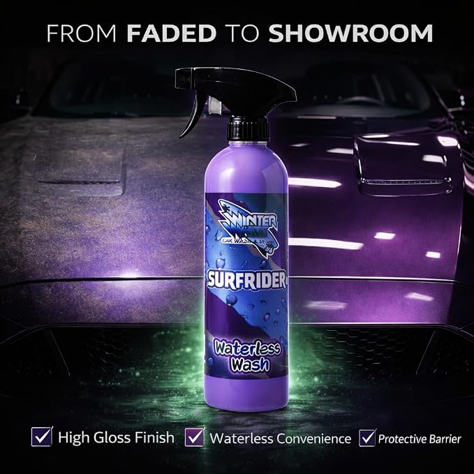 Winter White SURFRIDER Waterless Car Wash Spray – High gloss, scratch-free formula for all surfaces. Cleans, shines, and protects with UV defense. 2-pack of 16oz bottles for pro results anytime!