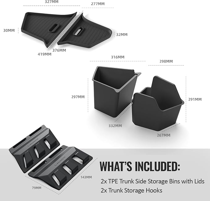 GEEDAR Tesla Model Y Juniper Trunk Organizer Set, 2 Trunk Storage Bins with TPE Lid + 2 Rear Trunk Organizer Hooks, Rear Trunk Side Storage Box for Model Y Juniper 2025 2026 Interior Accessories