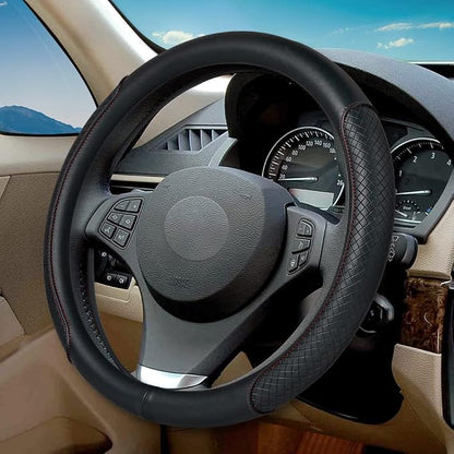 Steering Wheel Cover - Microfiber Leather, Classic Embossing, Anti-Slip Breathable, Fit 15 Inch (Black & Red Line)