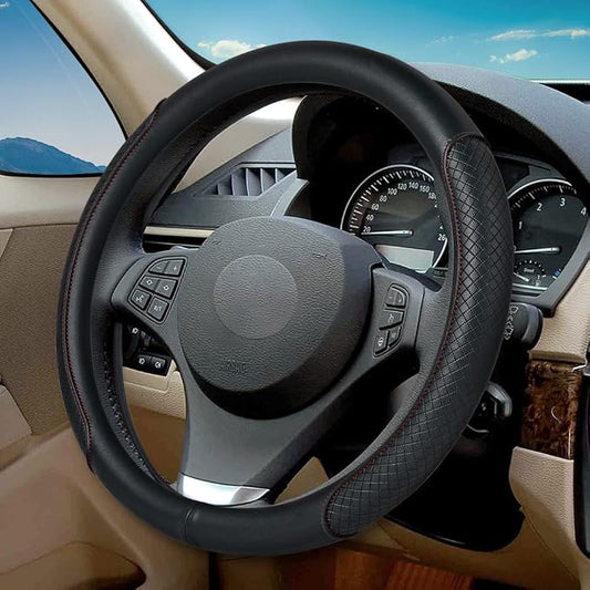 Steering Wheel Cover - Microfiber Leather, Classic Embossing, Anti-Slip Breathable, Fit 15 Inch (Black & Red Line)