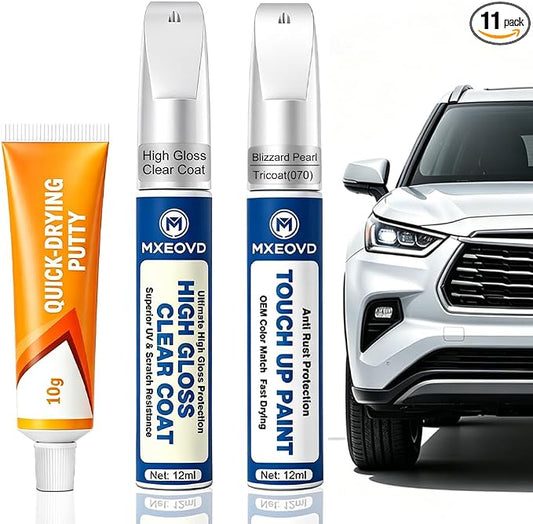 Blizzard Pearl Tricoat(070) Touch Up Paint Compatible with Toyota, All in One Car Scratch Repair Kit with Primer Putty & Clear Coat, Complete Sanding Tools Set for Scratches Chips Nicks