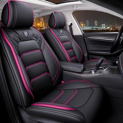 Comfortable Leather Auto Car Seat Covers 5 Seats Full Set Universal Fit (Black & Rose)