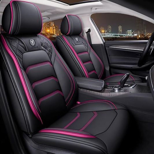 Comfortable Leather Auto Car Seat Covers 5 Seats Full Set Universal Fit (Black & Rose)