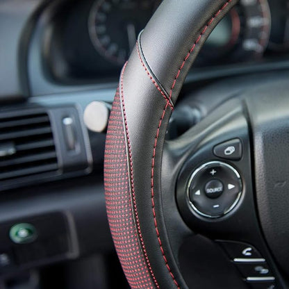 Motor Trend Wine Steering Wheel Cover - Dotted Comfort Polyester Grip on Stitched Synthetic Leather, Wine Stitching/Black