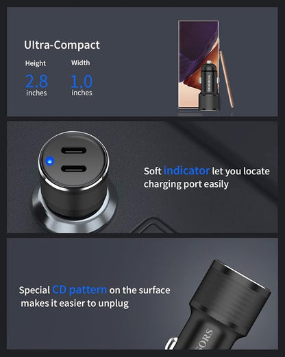 Dual 45W USB C Car Charger, 90W Max Super Fast Charging, All Metal 12V Cigarette Lighter Adapter for iPhone 17 Pro Max/16/15/iPad, Samsung Galaxy S26/S25, Google Phones with 2 Type C Cable 3.3ft Black