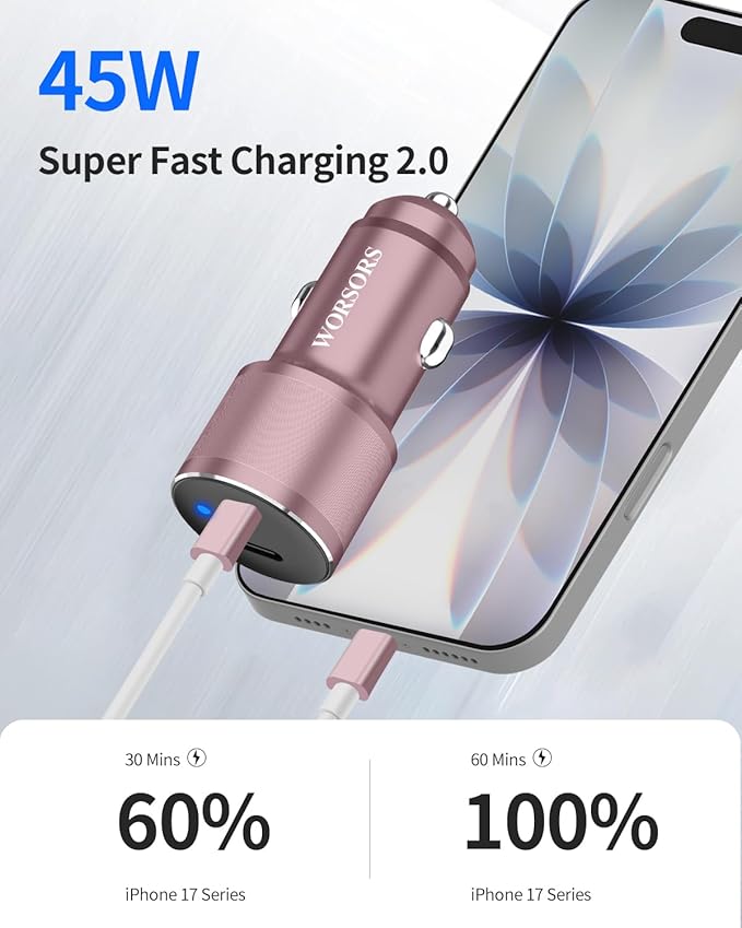 Pink Dual 45W USB C Car Charger, 90W Max Super Fast Charging, All Metal 12V Cigarette Lighter Adapter for iPhone 17 Pro Max/16/15/iPad, Samsung Galaxy S26+/S25, Google Phones with 2 Type C Cable 3.3ft