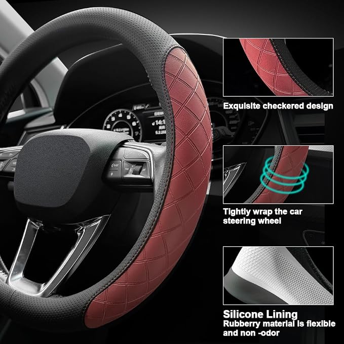 LKWLIKEI Nappa Leather Steering Wheel Cover,Elegant Diamond Checkered Design, Non-Slip wear-Resistant, Enhance Driving Comfort, Suitable for Steering Wheel Diameter 14 1/2‘-15’ Models