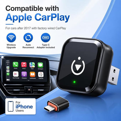 Wireless CarPlay Adapter for iPhone 8+ Latest Upgrade, Mini Wired to Wireless Car Play Adapter, Fast Low-Lag Auto-Connect Bluetooth CarPlay Dongle, Stable Connection, USB & Type-C for Cars