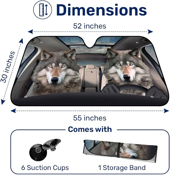 GENANY Wolf Windshield Cover for Car SUV Truck (55x30 Inches), Foldable Heat Shield, Shades for Front Windows, Protector Blocks UV, Car Decor