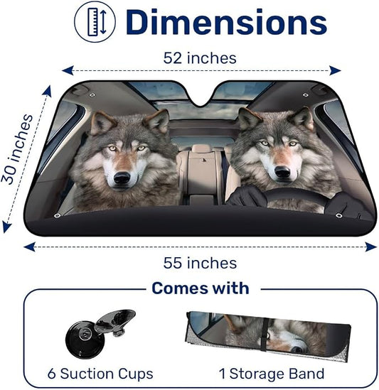 GENANY Wolf Windshield Cover for Car SUV Truck (55x30 Inches), Foldable Heat Shield, Shades for Front Windows, Protector Blocks UV, Car Decor