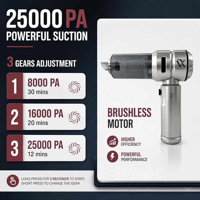 Handheld Car Vacuum Cleaner Cordless Powerful 25000Pa Suction, 3-Speed Brushless Motor Mini Portable Rechargeable Lightweight Hand Held Vacuum & Blower for Vehicle Office Home Pet Hair