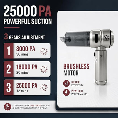 Handheld Car Vacuum Cleaner Cordless Powerful 25000Pa Suction, 3-Speed Brushless Motor Mini Portable Rechargeable Lightweight Hand Held Vacuum & Blower for Vehicle Office Home Pet Hair