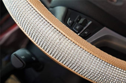 New Diamond Leather Steering Wheel Cover with Bling Bling Crystal Rhinestones, Universal Fit 15 Inch Car Wheel Protector for Women Girls,Gold